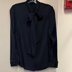 Quince Navy Tie-Neck Long Sleeve Blouse